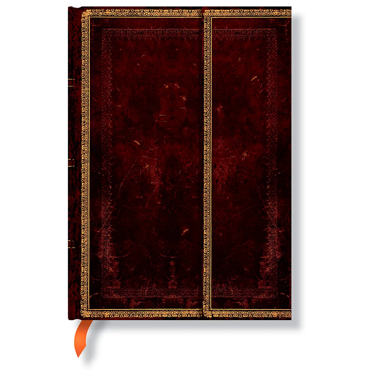 Closed, dark red leather book with a gold frame. An orange bookmark is protruding.