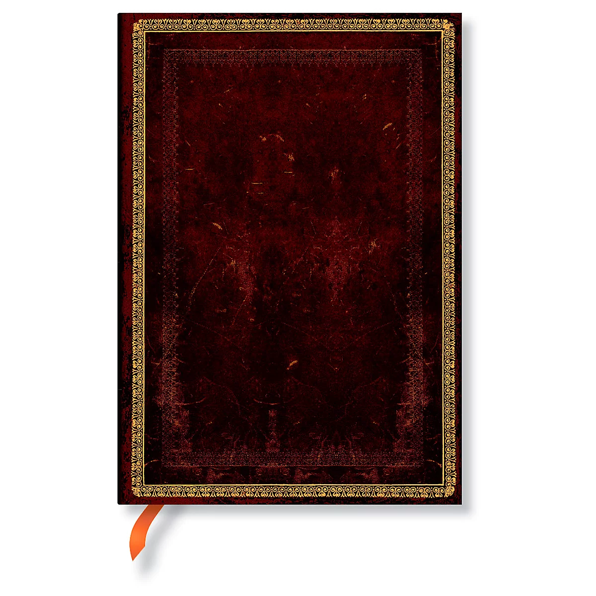 A closed, red notebook with a gold frame and an orange bookmark.