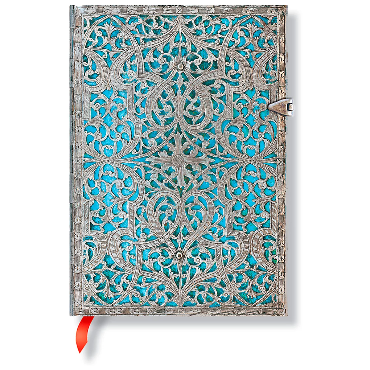 Ein Buch mit kunstvoll gearbeiteter silberner Deckel mit türkisfarbenem Hintergrund. Roter Faden als Lesezeichen.