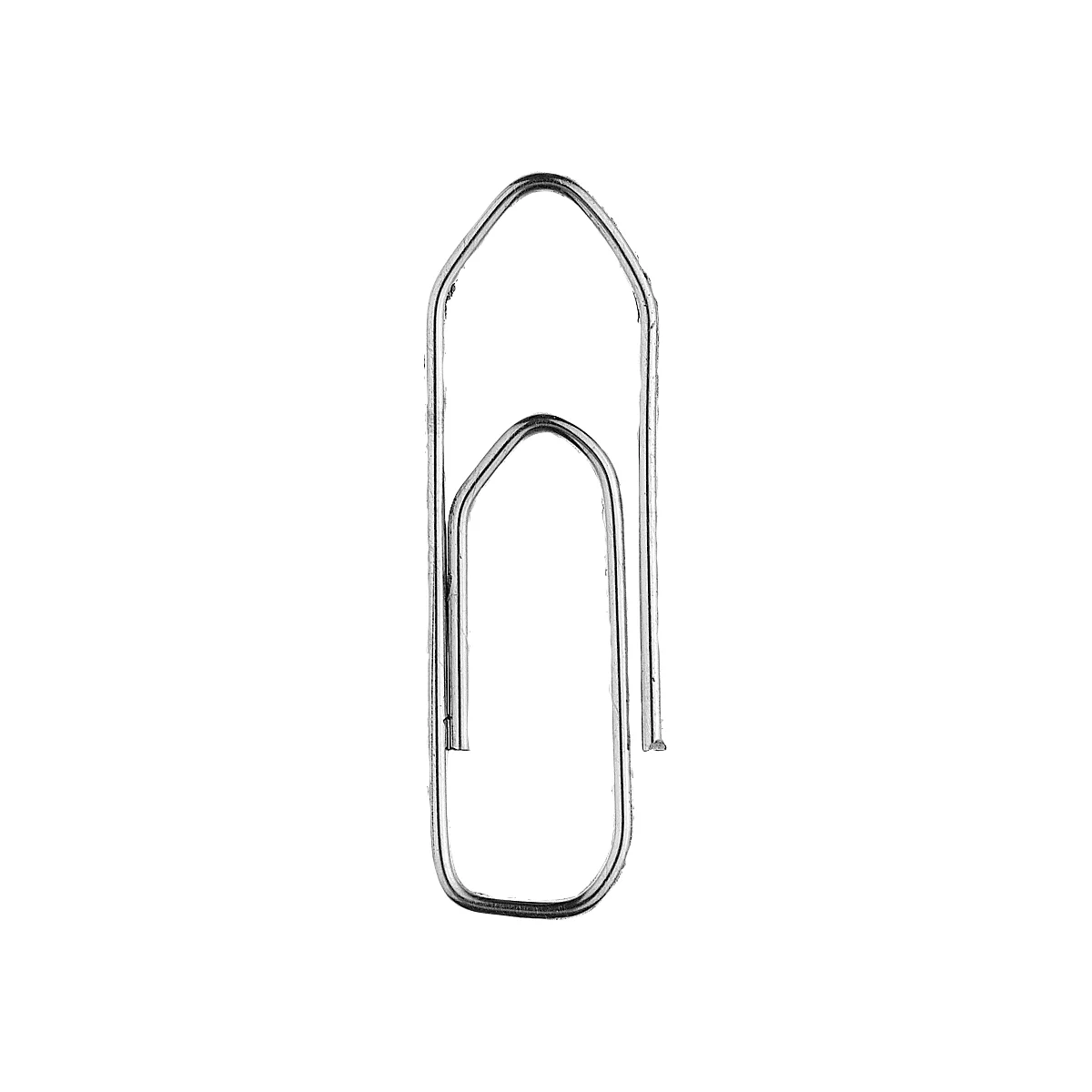 Een puntige, zilverkleurige metalen paperclip tegen een witte achtergrond.