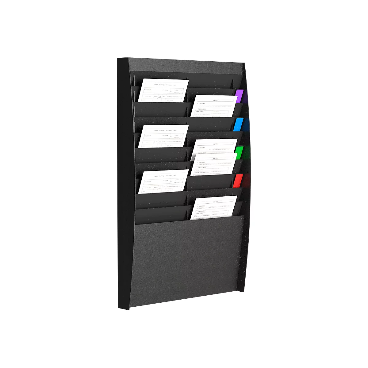 Black wall card holder with white cards and colored tabs.