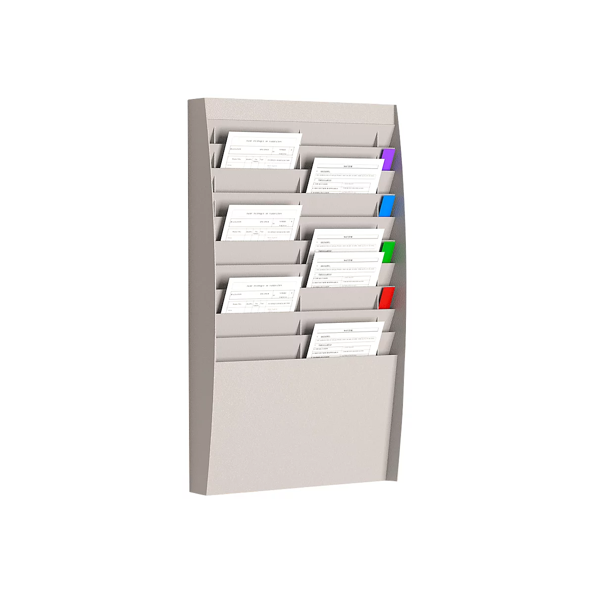 Gray wall brochure holder with inserted papers, colored tabs.