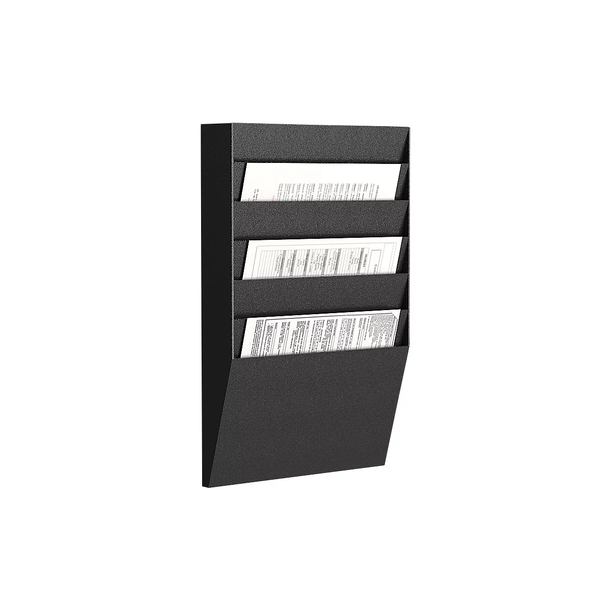 Black wall-mounted literature rack with four compartments filled with documents. The documents are white with black text.