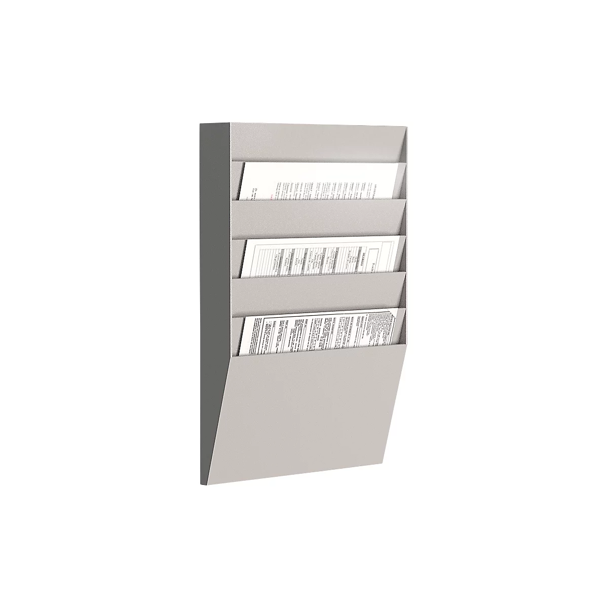 Gray wall-mounted literature holder with 5 compartments, filled with papers.