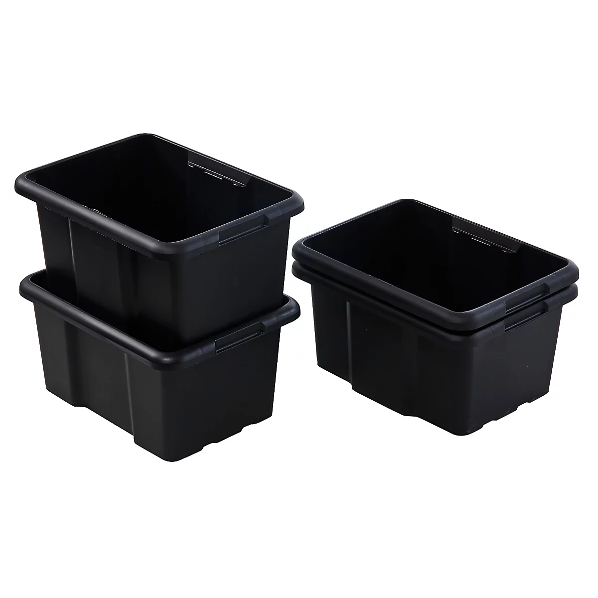Drei schwarze Kunststoffboxen: Zwei gestapelt, eine daneben.