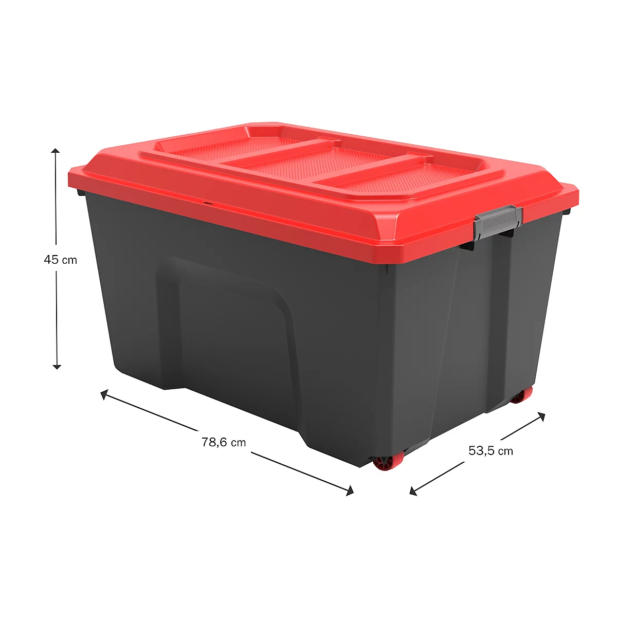 Schwarze Aufbewahrungsbox mit rotem Deckel. Maße: 78,6 x 53,5 x 45 cm. Räder an der Unterseite.