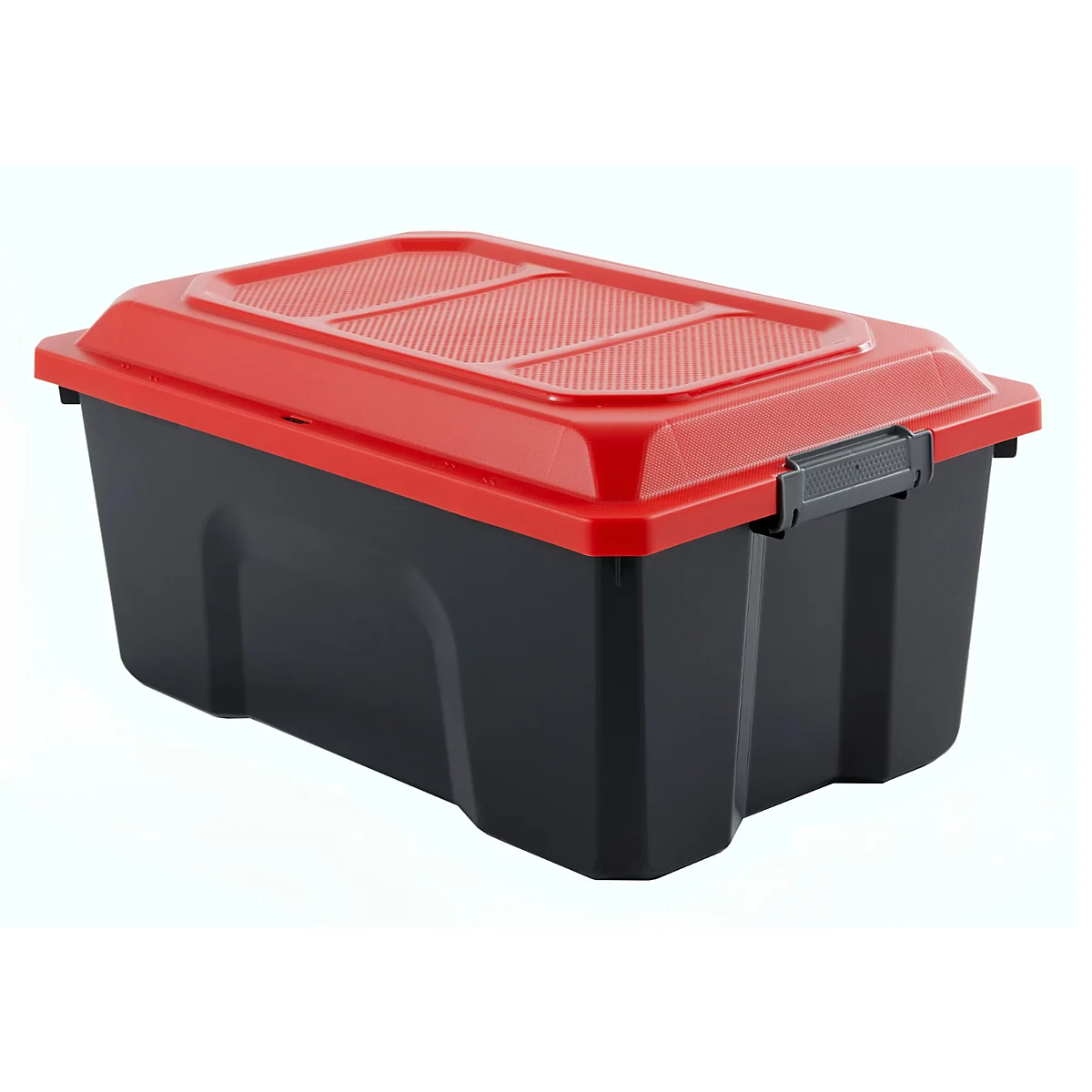 Schwarze Aufbewahrungsbox mit rotem Deckel. Der Deckel ist mit einem Schnappverschluss versehen.