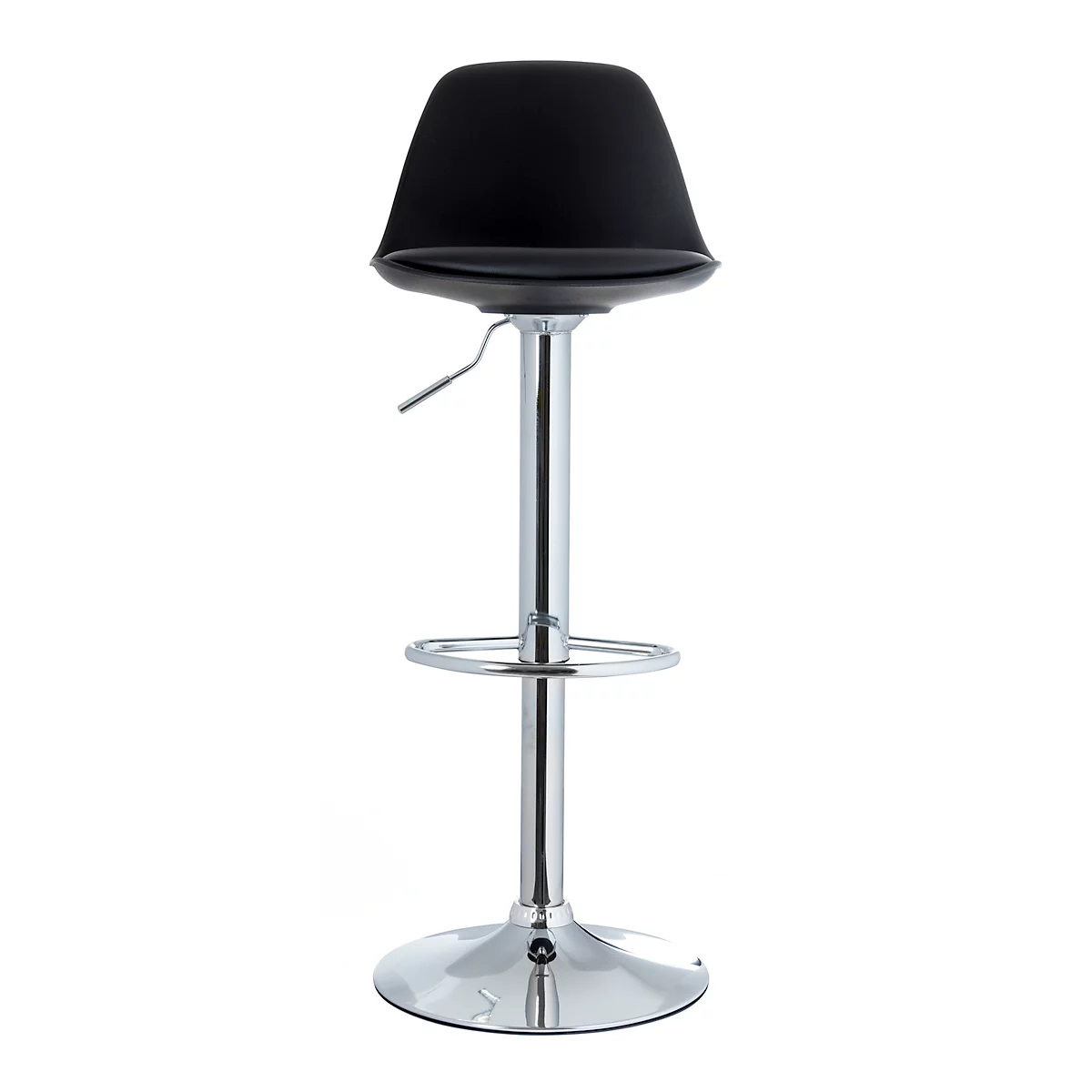 Black bar stool with chrome frame. Seat is oval. Footrest and round foot.