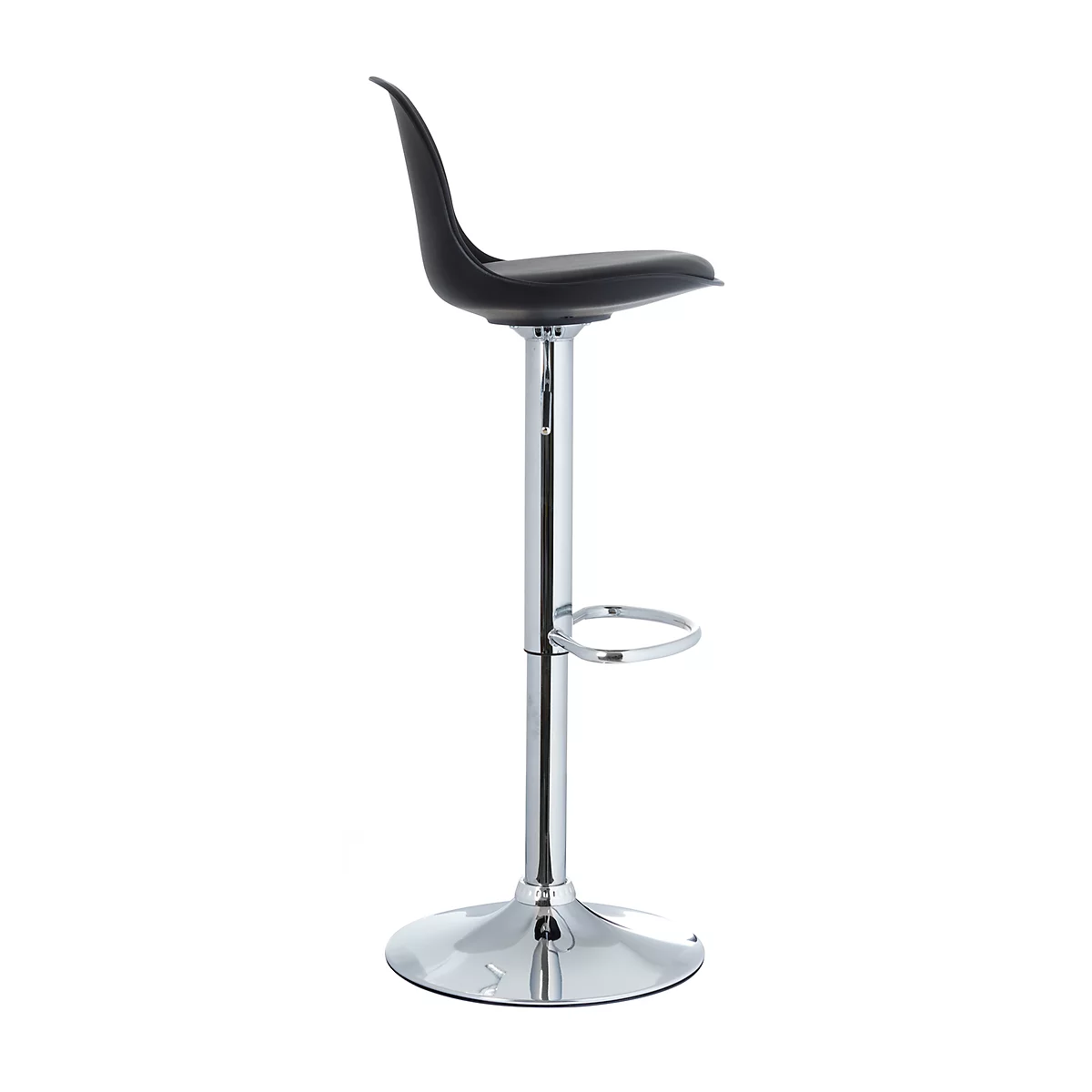 Black bar stool with a chrome frame, round base and footrest. The chair is shown from the side.