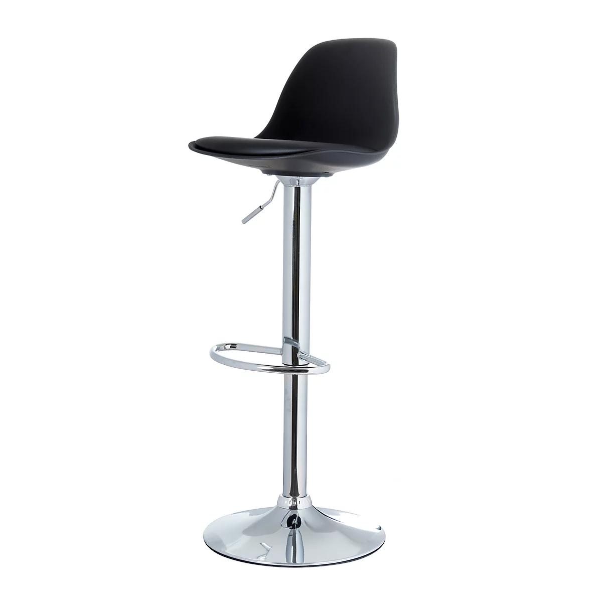 Black bar stool against a white background. The seat and backrest are made of black plastic, the frame is polished metal.