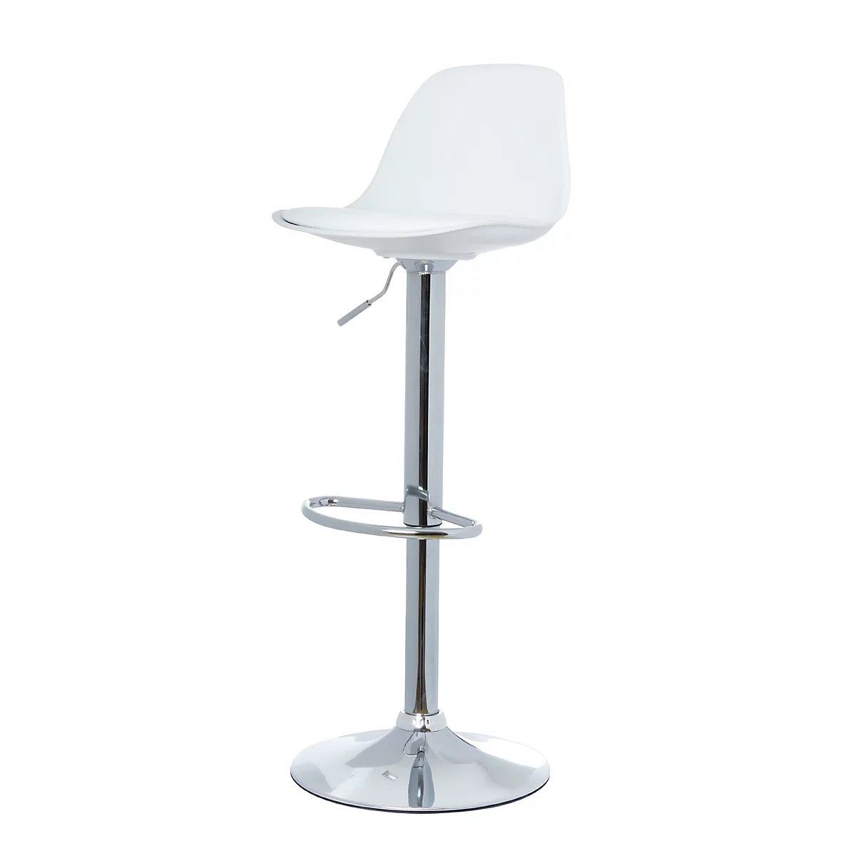 White bar stool on a chrome base. The seat has an ergonomic shape.