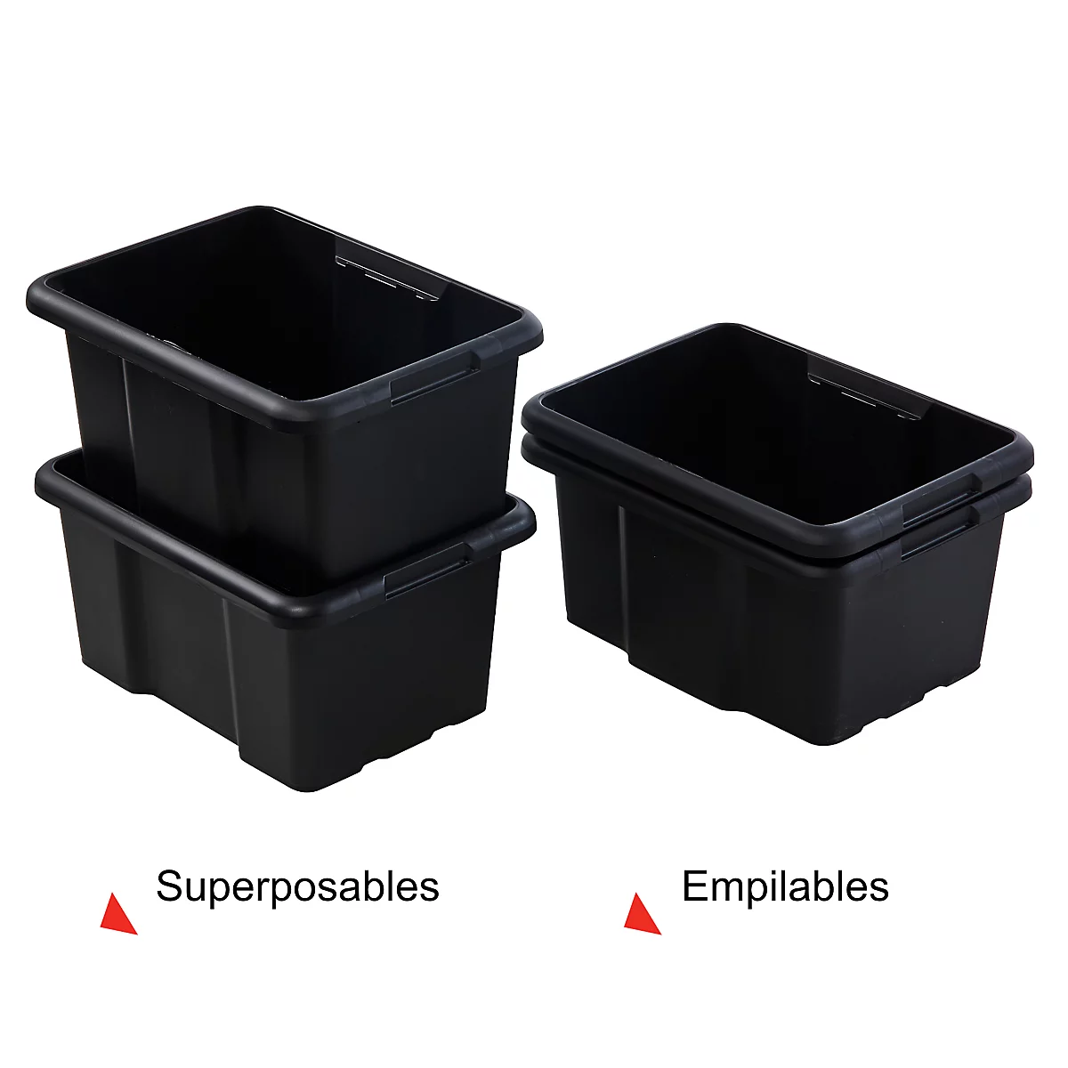 Plusieurs boîtes en plastique noir : Deux boîtes sont empilées l'une sur l'autre, à côté d'une autre boîte. En dessous, on peut lire "Superposables" et "Empilables".