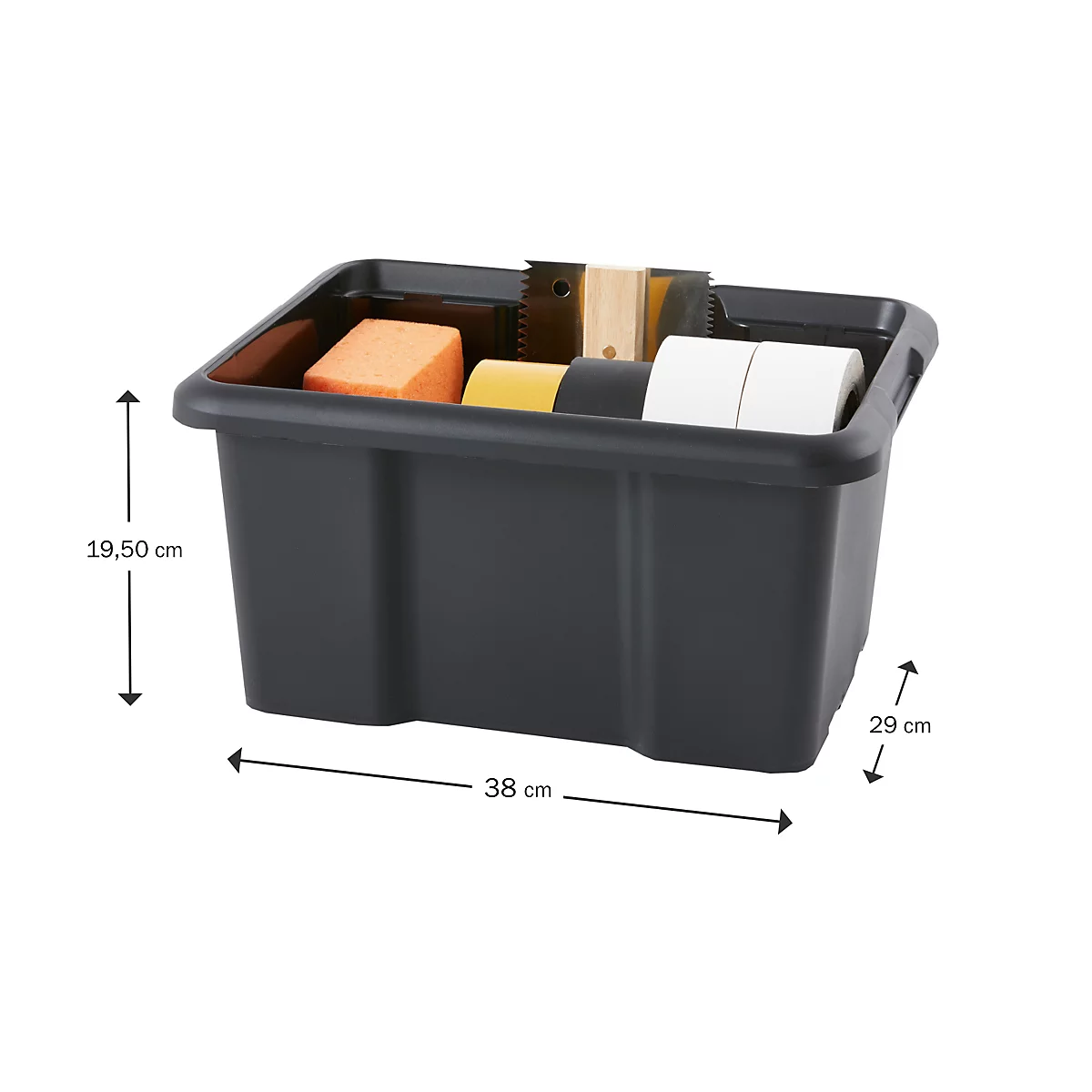Boîte de rangement noire contenant des outils et des fournitures. Dimensions : 38 x 29 x 19,5 cm.