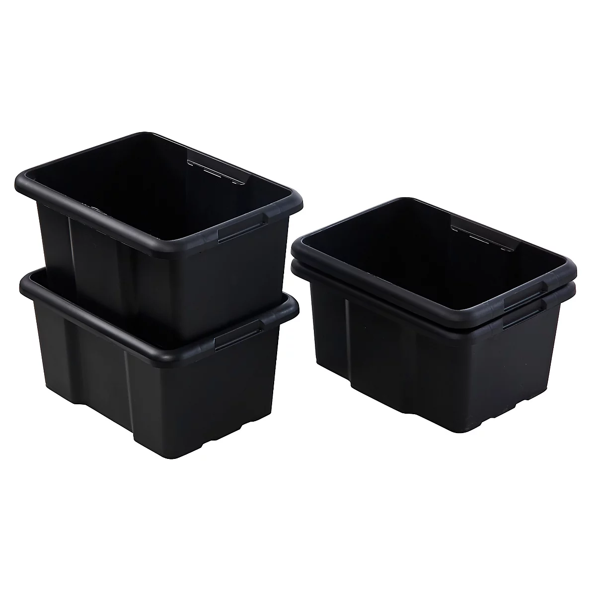 Boîtes de rangement en plastique noir : deux empilées l'une sur l'autre, deux à côté. Étiqueté : Superposables, Empilables.