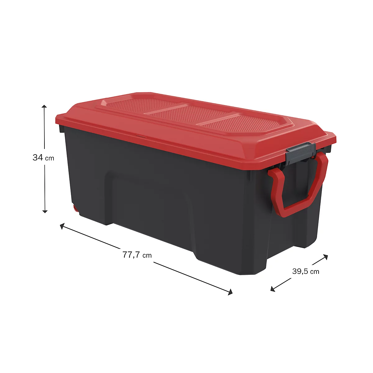 Boîte de rangement noire avec un couvercle rouge. Des dimensions sont indiquées sur la boîte.