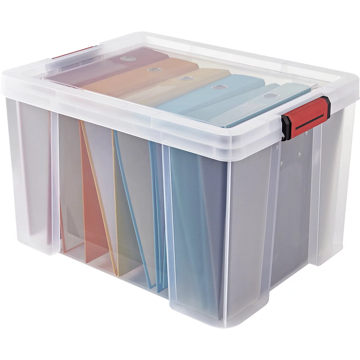 Transparente Kunststoffbox mit Deckel und roten Verschlüssen, gefüllt mit bunten Aktenordnern.