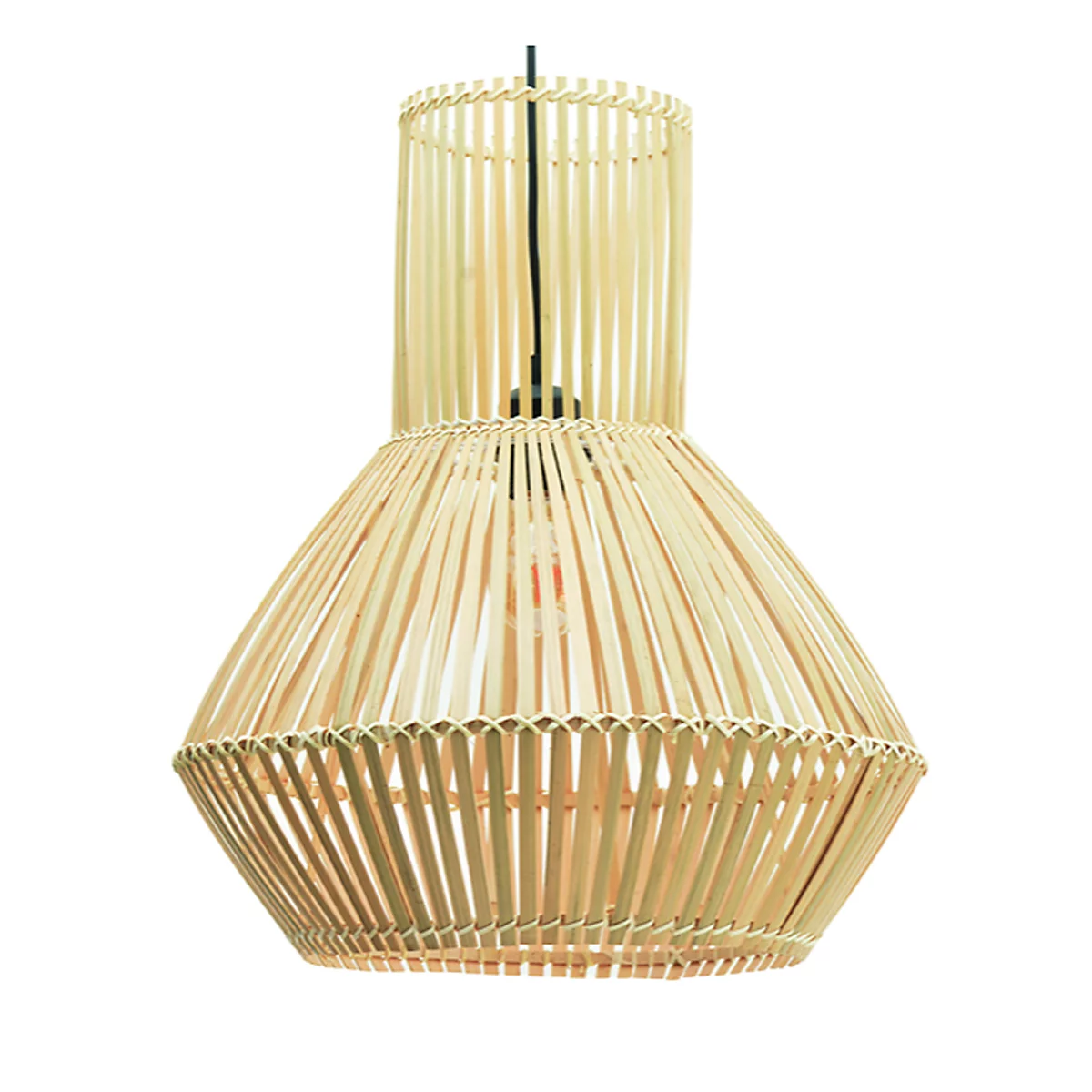 Pendelleuchte aus Bambus, längliche Form. Helles Holz, schwarzes Kabel.