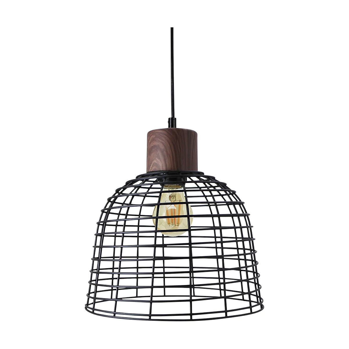 Hängeleuchte mit schwarzem Drahtkäfig, Holzaufsatz und Glühbirne.