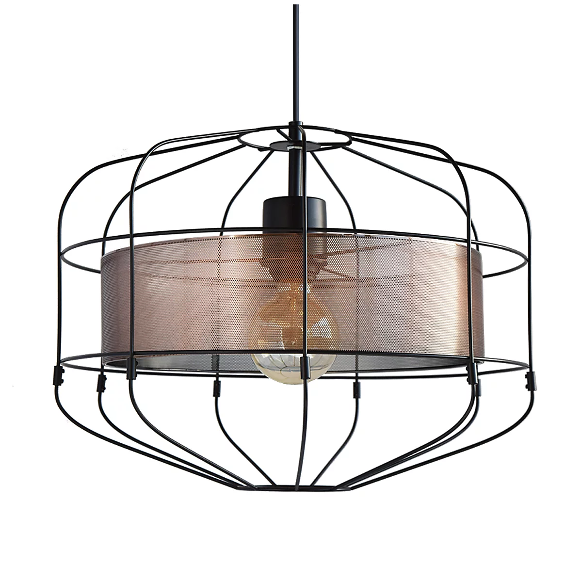 Hängeleuchte mit Drahtkäfig-Design, kupferfarbener Lampenschirm, Glühbirne im Zentrum.