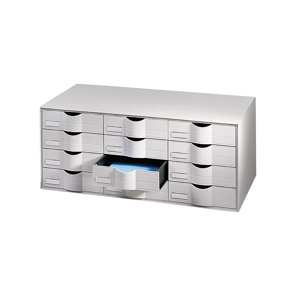 Grey drawer cabinet, one drawer open. Blue documents are inside.