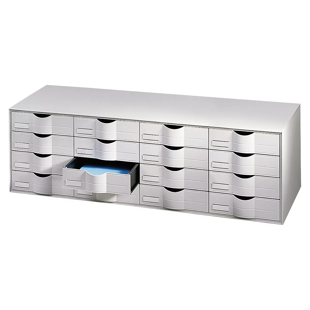 Gray drawer cabinet, one drawer open, blue content visible.