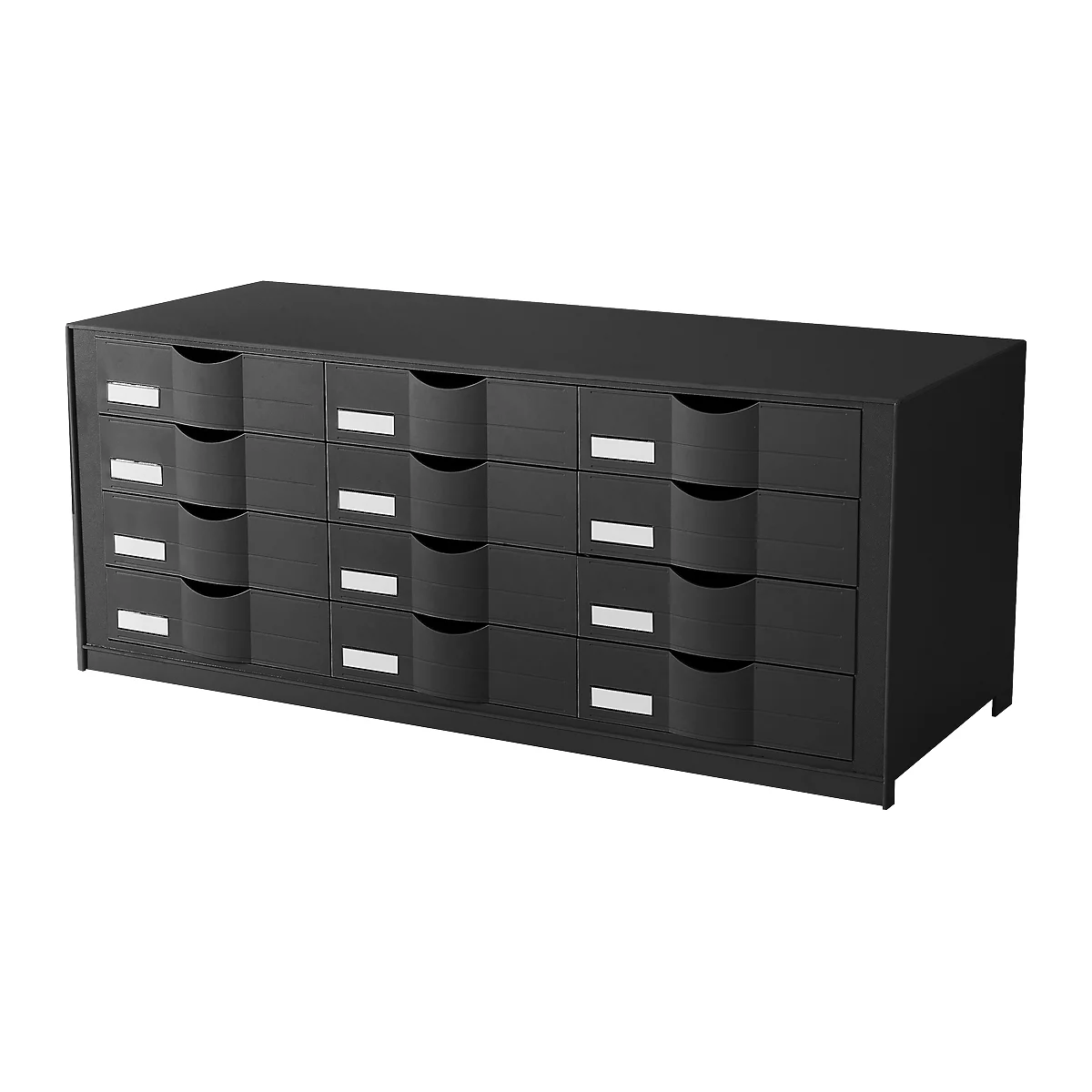 Black cabinet with 20 drawers, small name tags and curved handles.