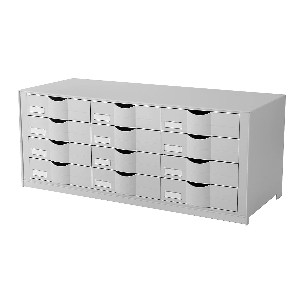 Gray cabinet with 20 drawers and black handles.