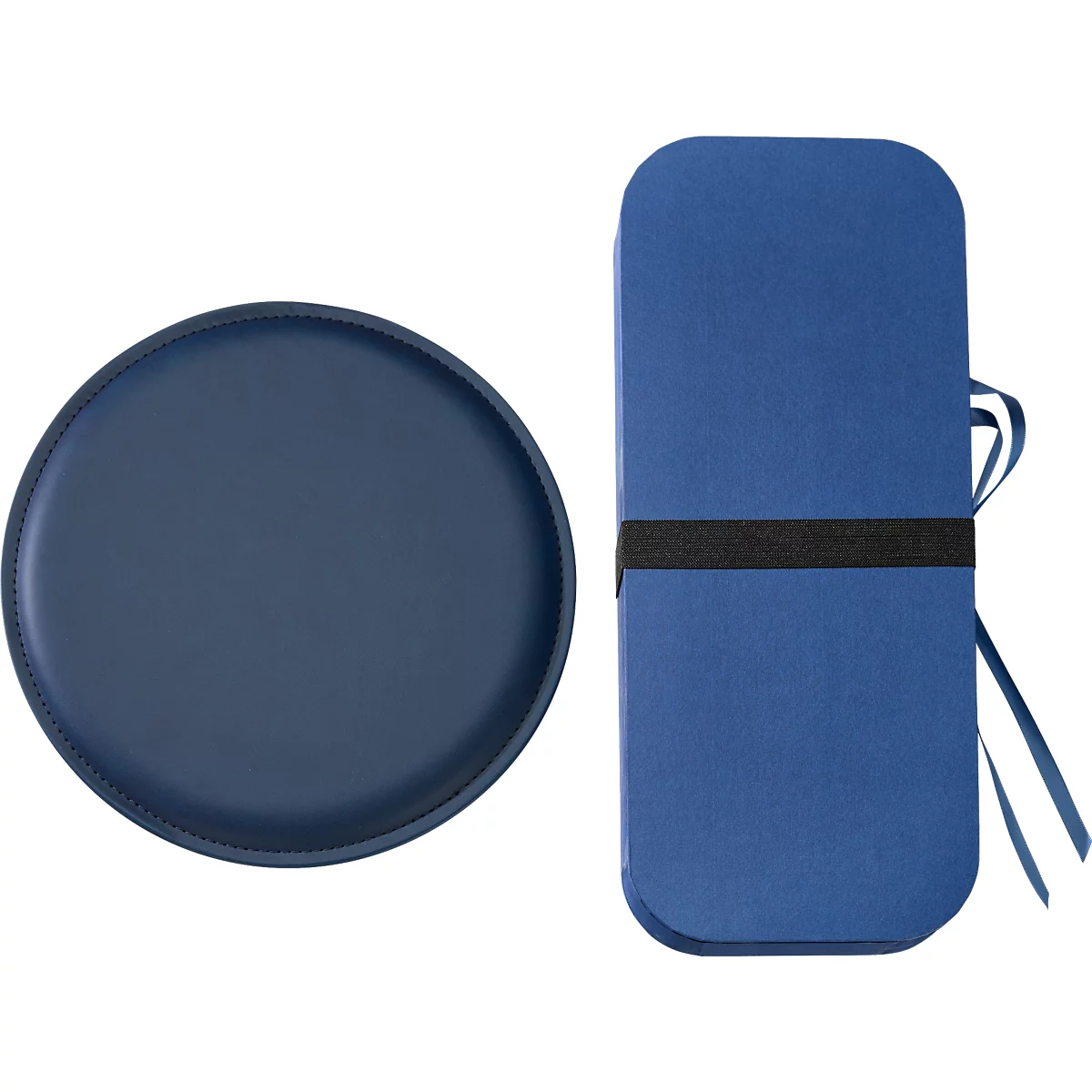 Ein dunkelblaues rundes Tablett und eine längliche Tablettbox.