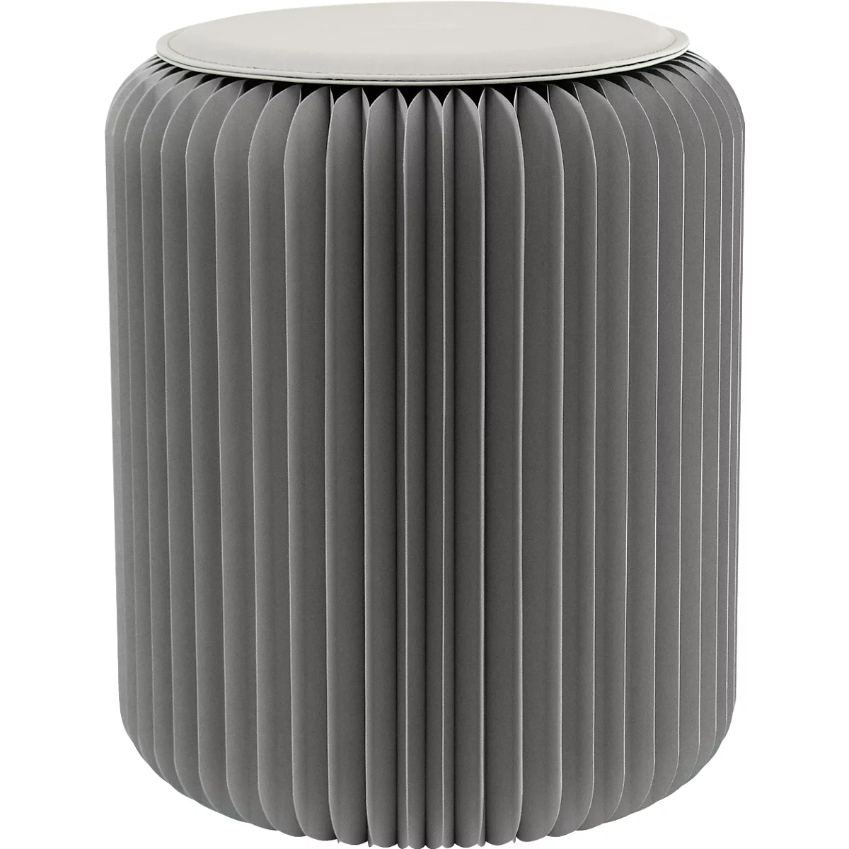 Grauer, geriffelter Hocker mit weißer Sitzfläche. Die geriffelte Struktur verleiht dem Hocker ein modernes Design.