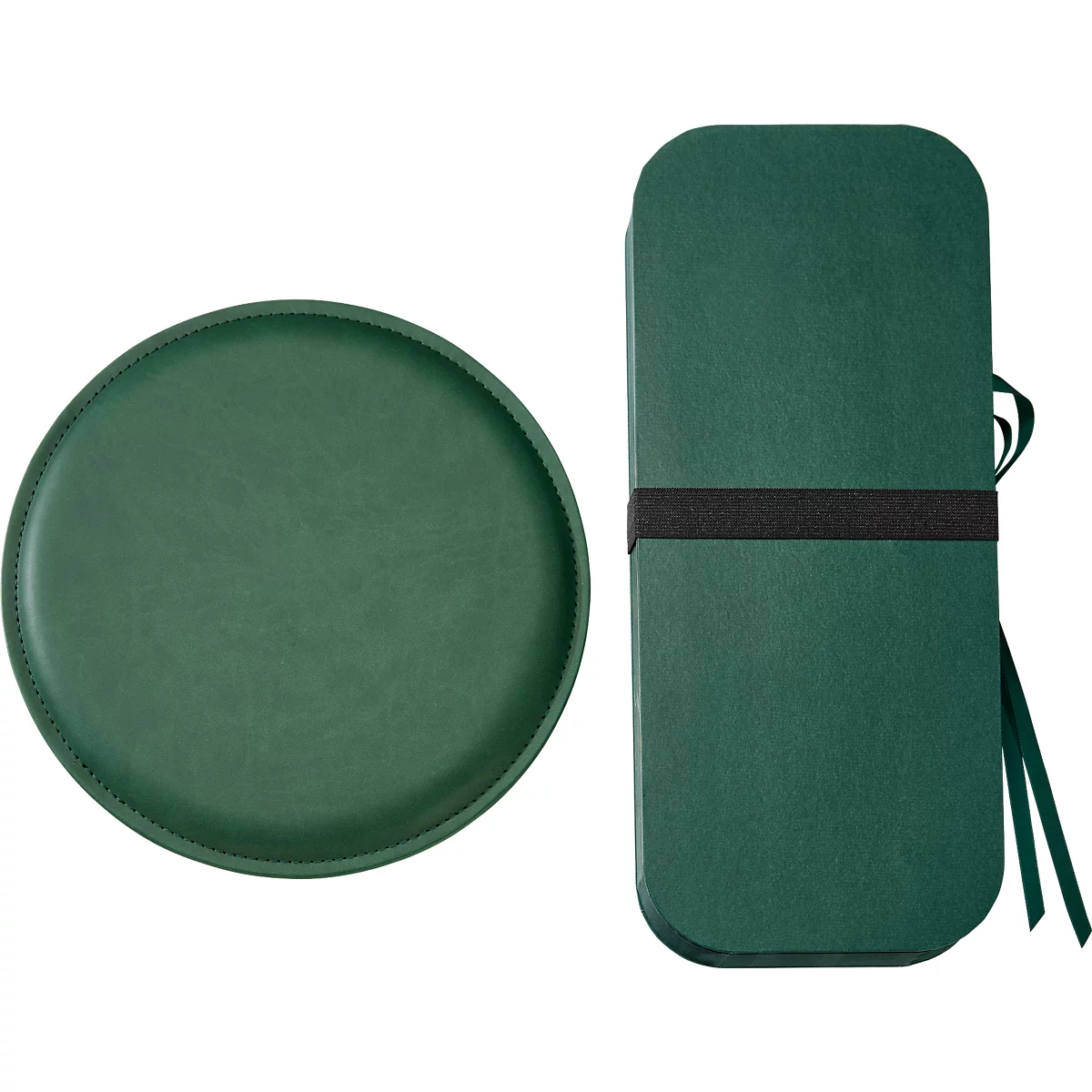 Grünes Tablett und eine längliche grüne Box, zusammengebunden mit einem schwarzen Band.