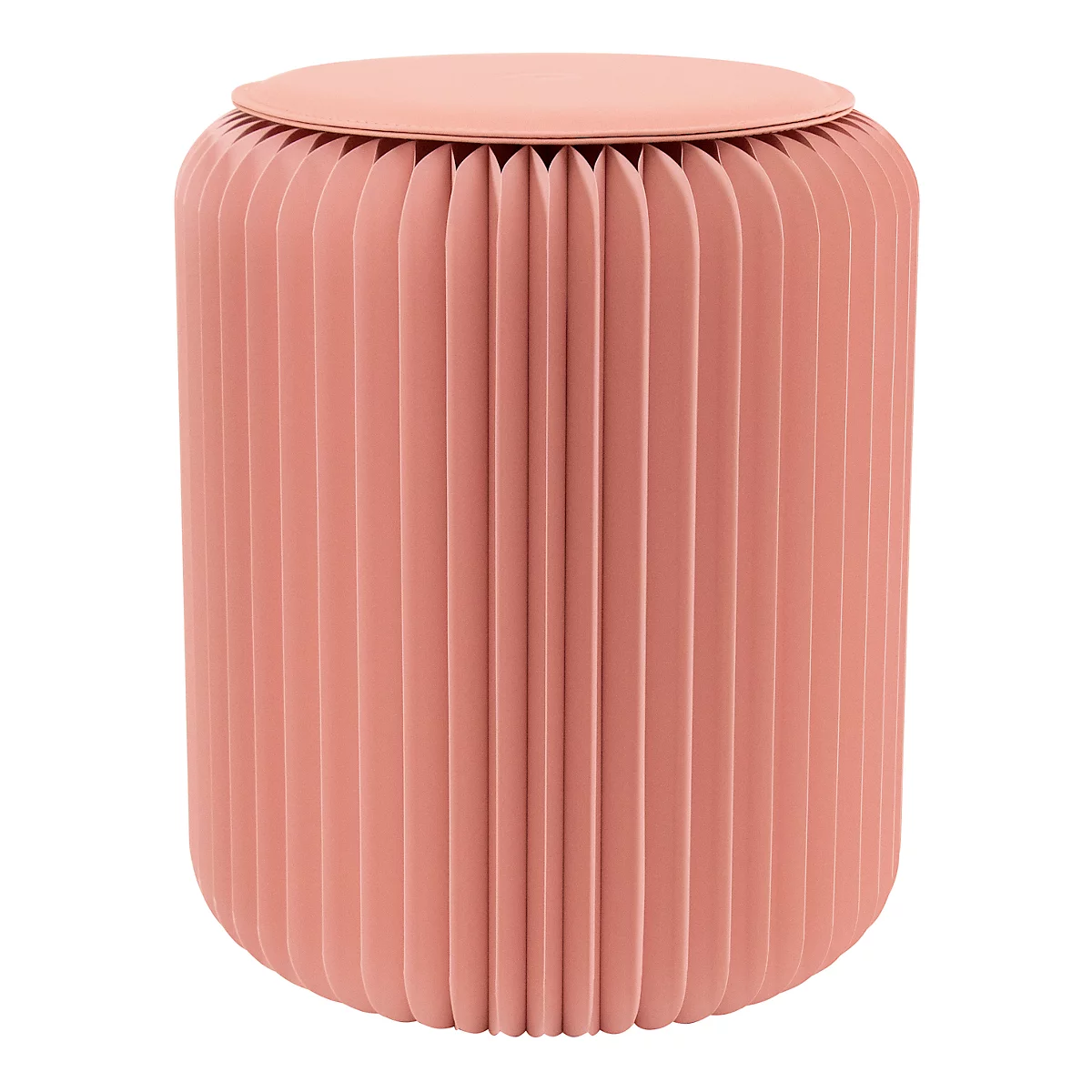 Ein rosafarbener, geriffelter Hocker mit runder Sitzfläche. Das Design erinnert an ein Akkordeon.