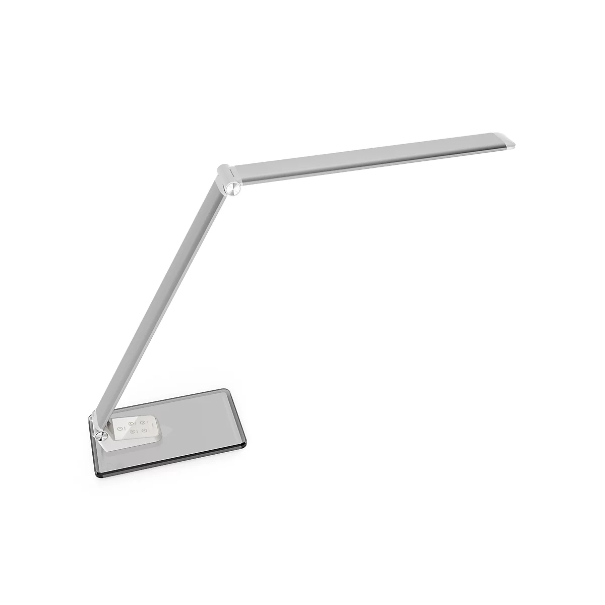 Lampe de bureau LED argentée. Base rectangulaire, bras pivotant, tête d'éclairage allongée.