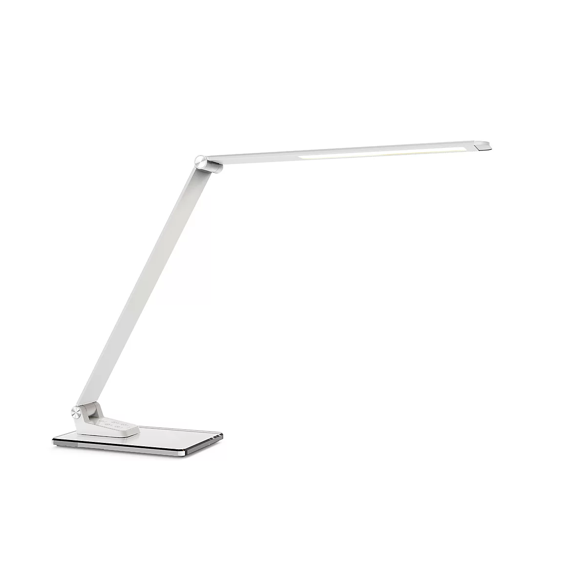Une lampe de bureau moderne, argentée, sur fond blanc. La tête de la lampe est rectangulaire et extensible. La lampe est fixée à un bras articulé.