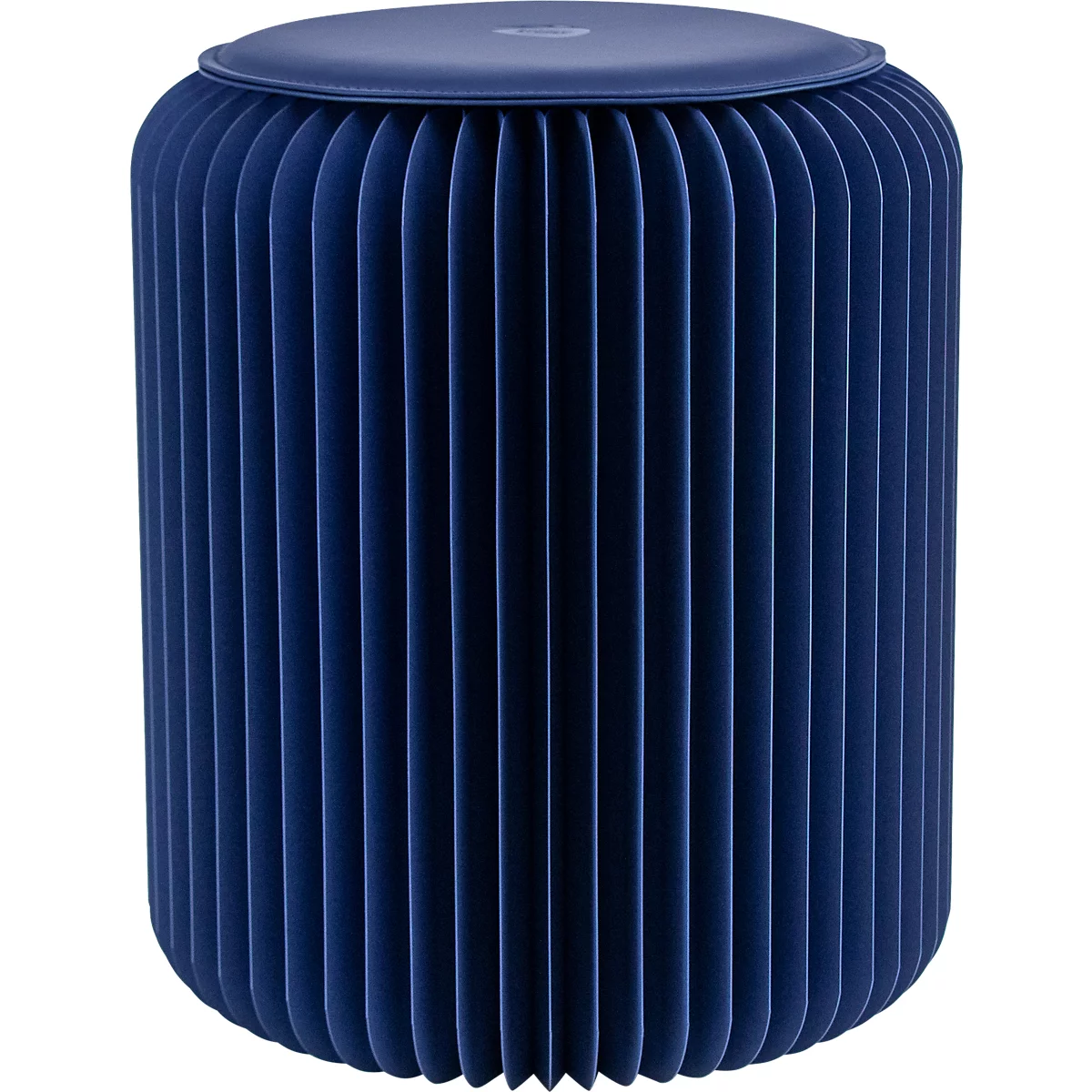 Blauwe cilindervormige kruk met geribbeld oppervlak en plat zitvlak.