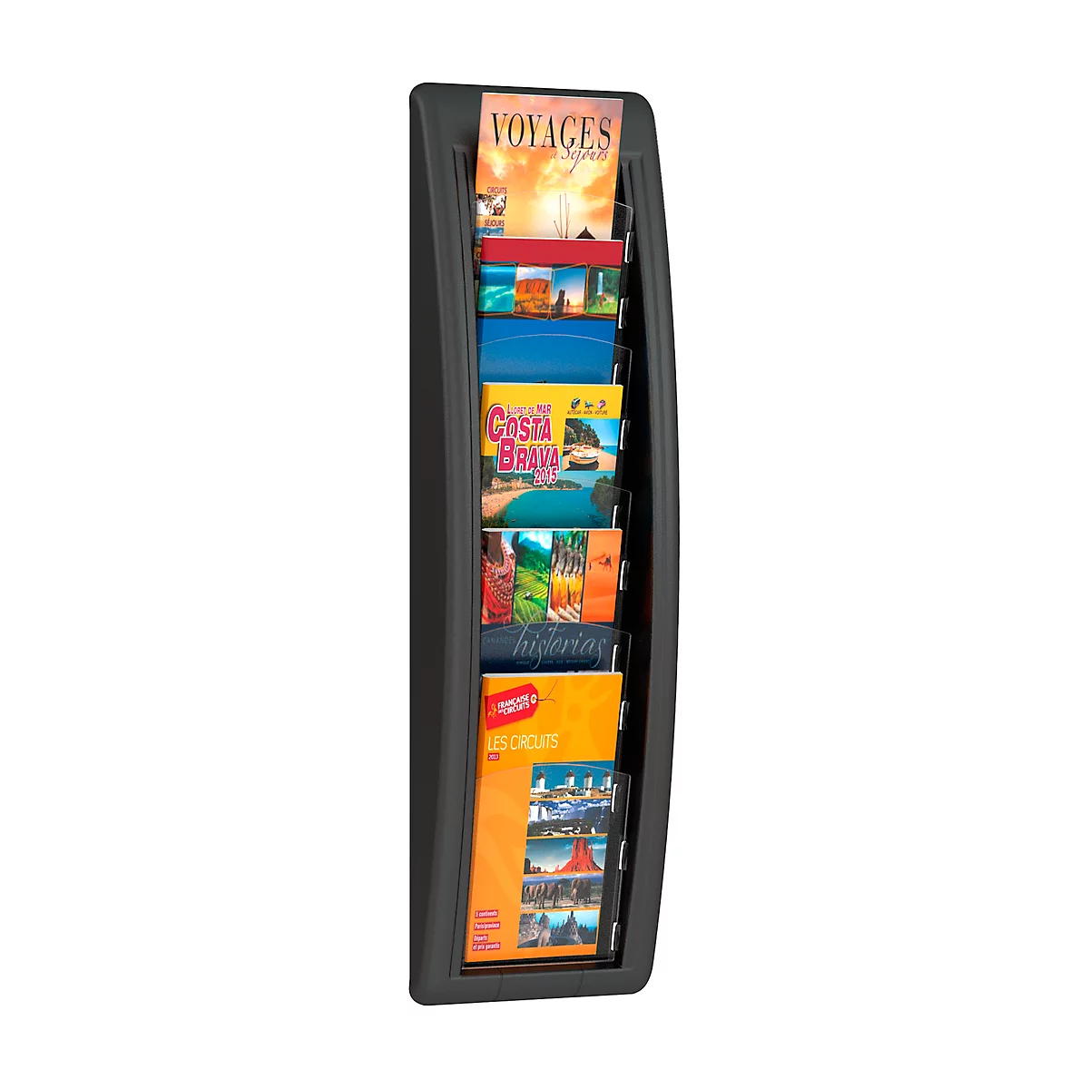 Black brochure holder with brochures about travels.