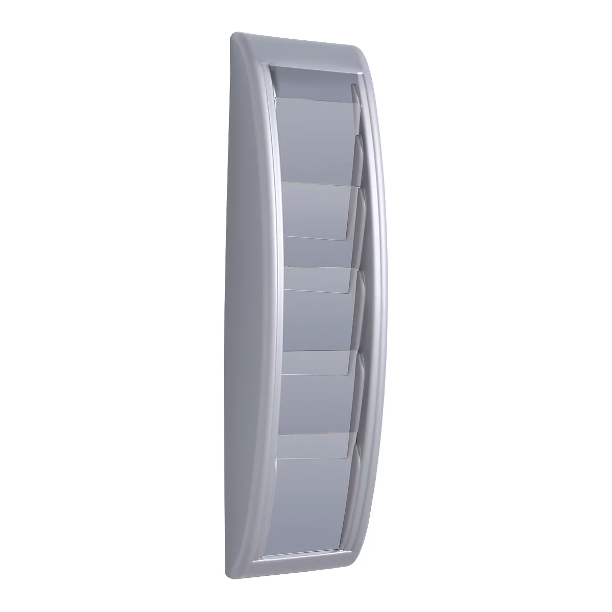 Grey wall-mounted brochure holder with multiple compartments.