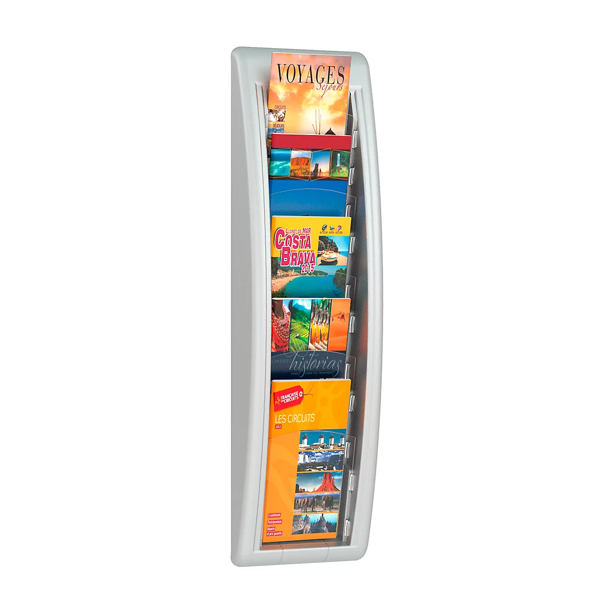 White brochure rack holding travel brochures. Several colourful brochures are visible, with titles like “Voyages” and “Costa Brava”.