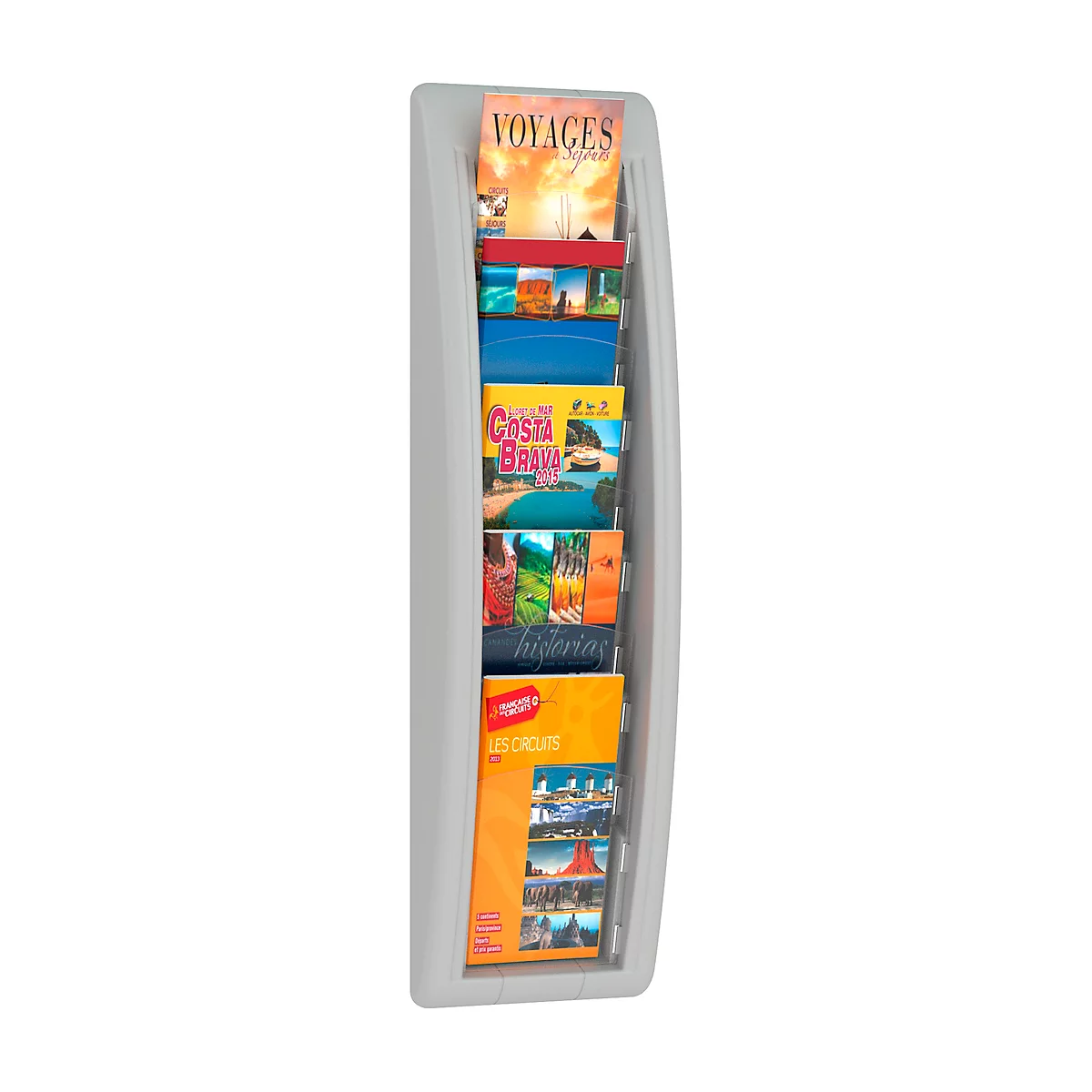 Gray wall-mounted brochure holder with travel brochures. The holder has several compartments. Brochures with titles like "Voyages" and "Costa Brava".