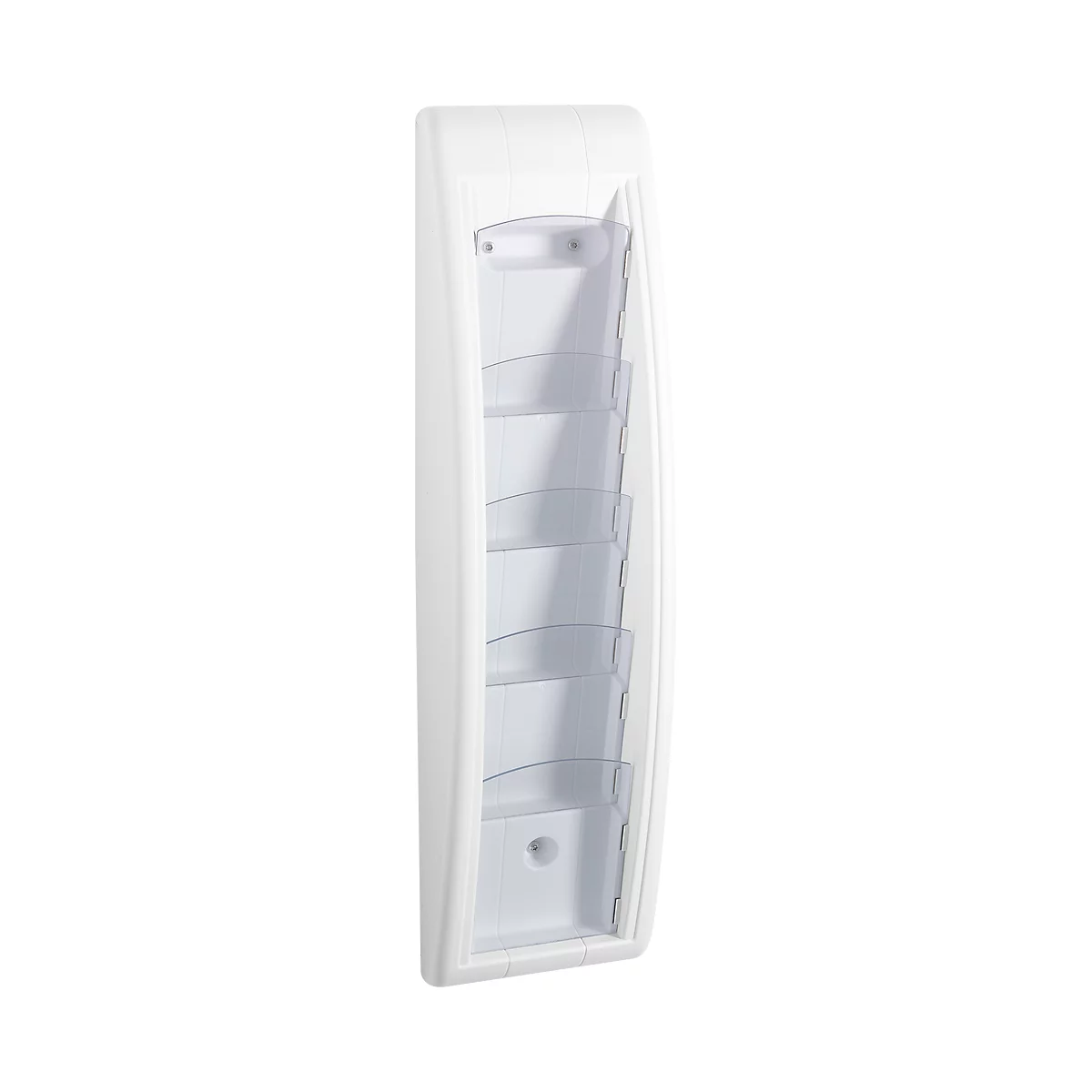 White wall brochure holder with multiple compartments.