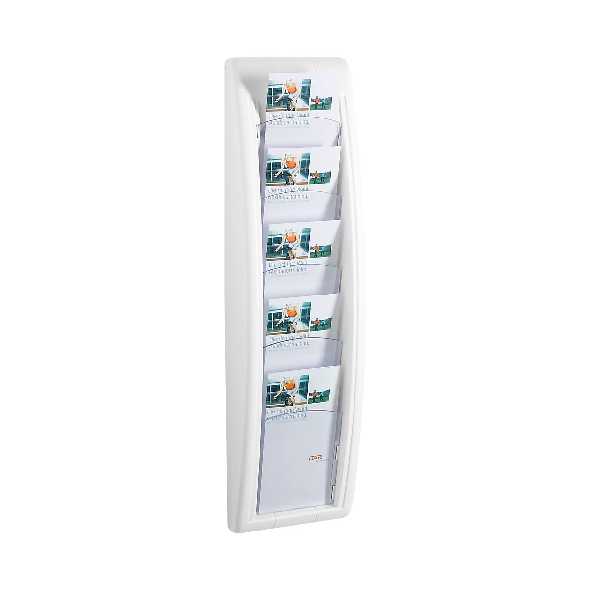 White brochure holder with six compartments, filled with brochures. Images and texts are visible on the brochures.