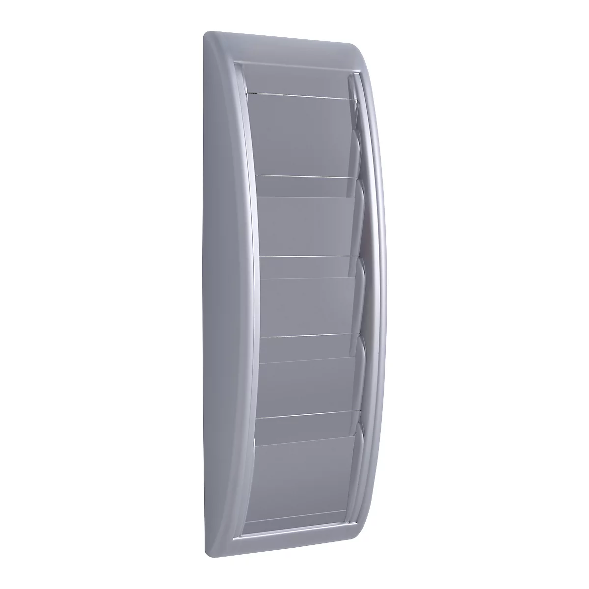 Gray wall-mounted brochure holder with multiple compartments.