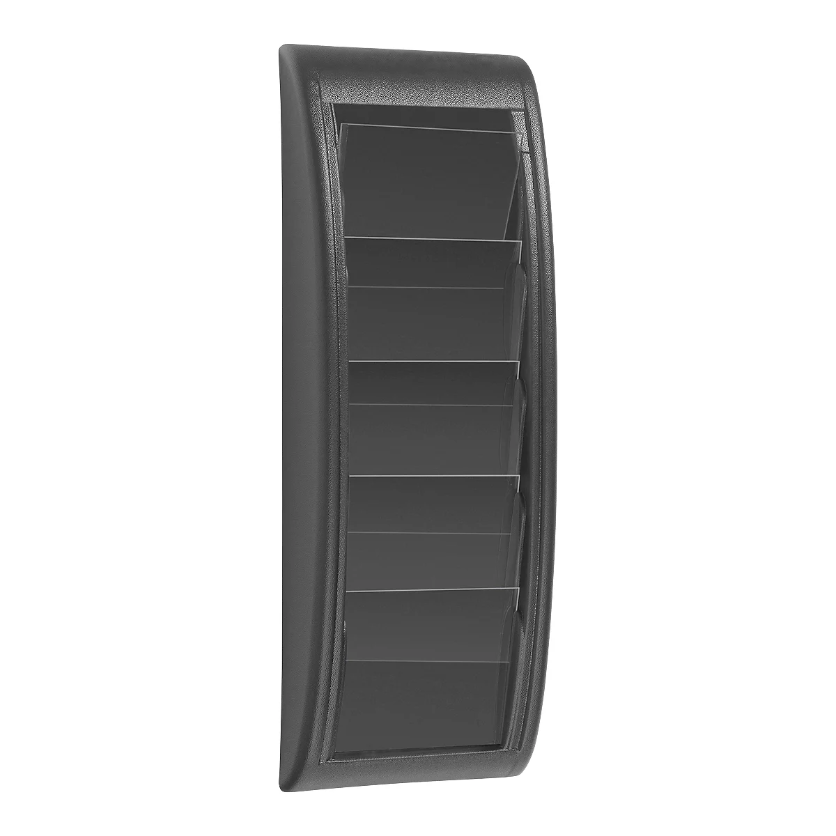 Gray wall ventilation with slats. Dark gray frame, the slats are slightly angled.