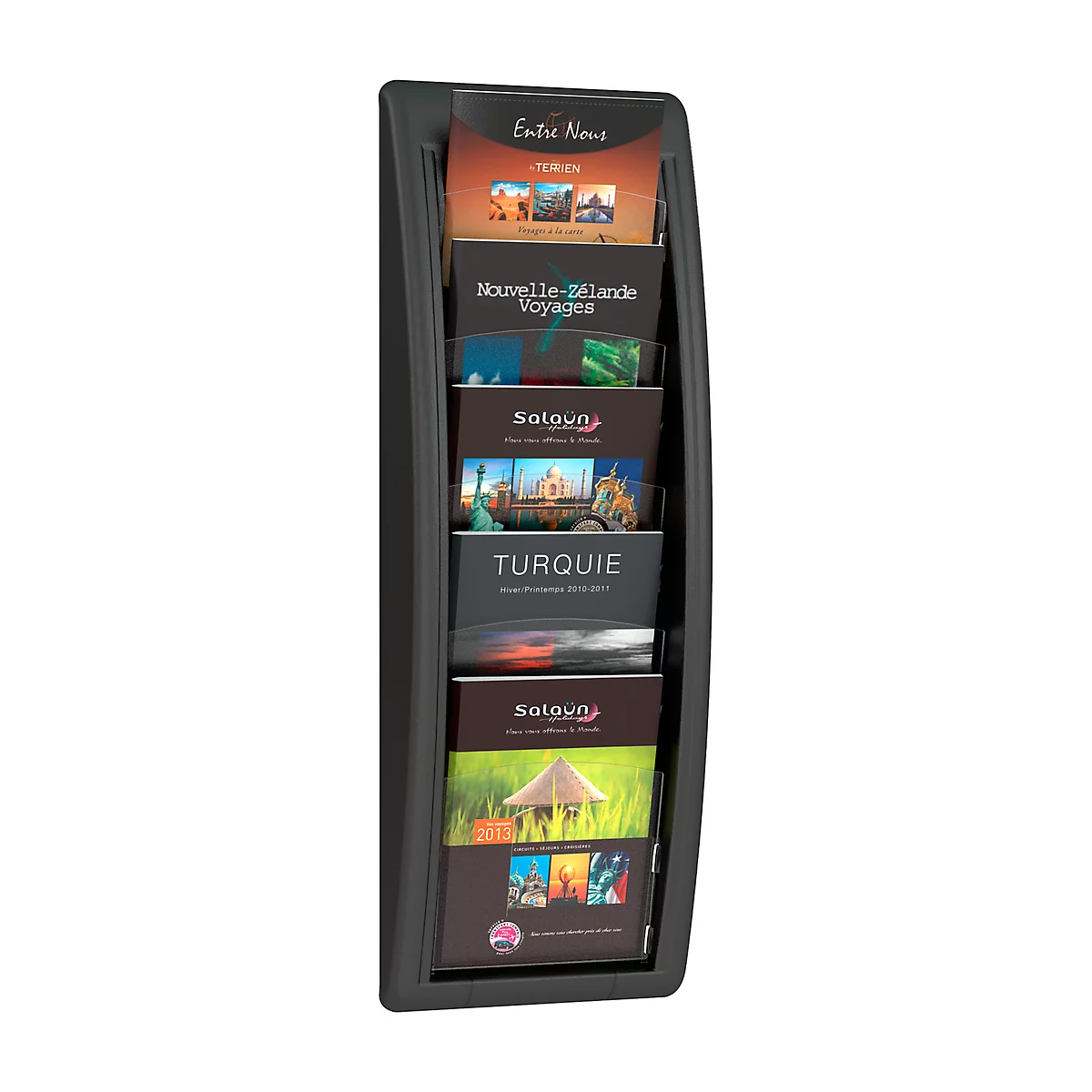 Black brochure stand with brochures, including "Entre Nous", "Nouvelle-Zélande Voyages", "Turquie".
