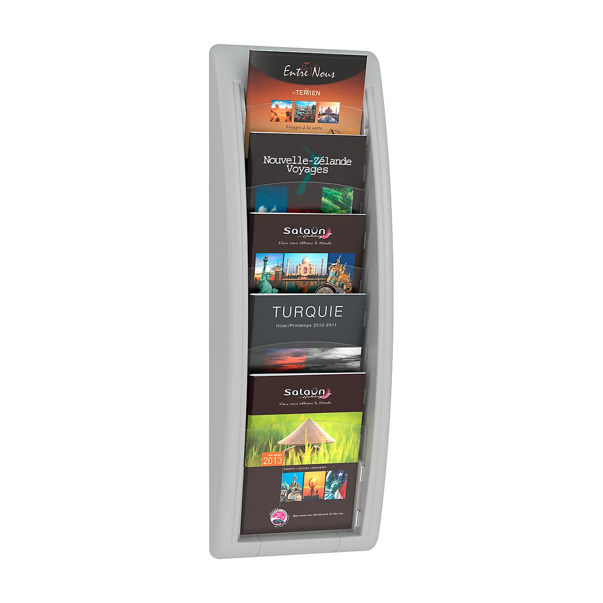 White brochure holder with brochures displaying text in different languages.