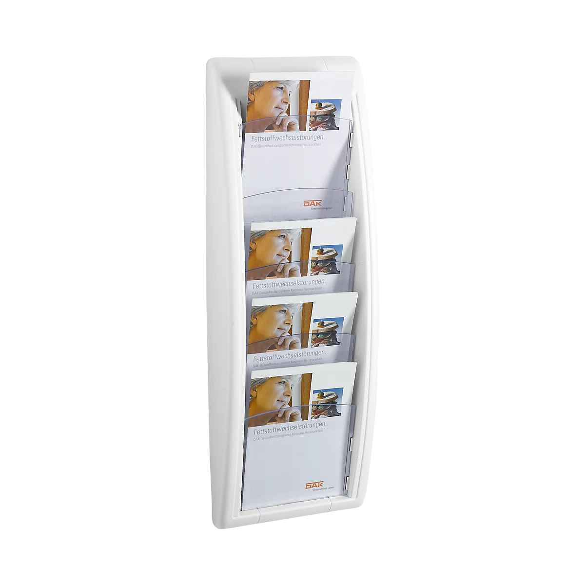 White brochure holder with multiple compartments, filled with brochures. The brochures display a portrait of a woman, text, and a company logo.