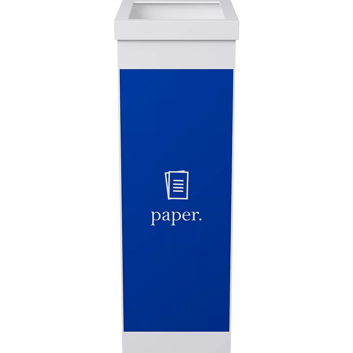 White paper bin with blue area and the word 'paper'.