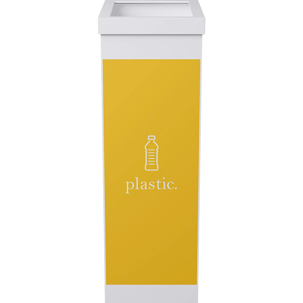 Yellow recycling bin with the word "plastic" and a bottle symbol. The bin has a white lid and a white base.