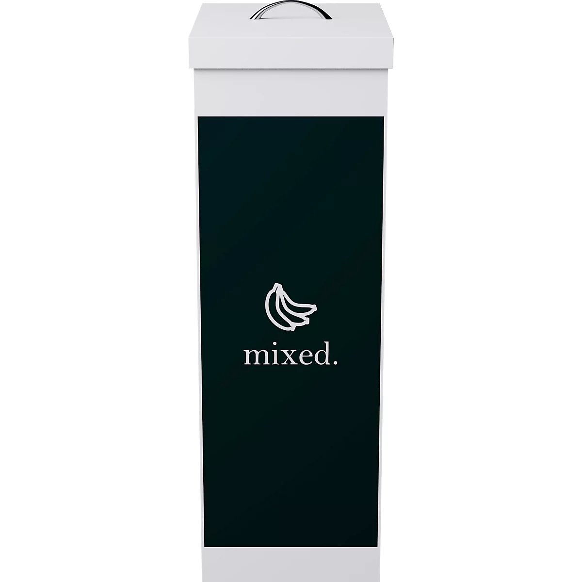White trash can with dark, rectangular section with banana icon and the word "mixed".