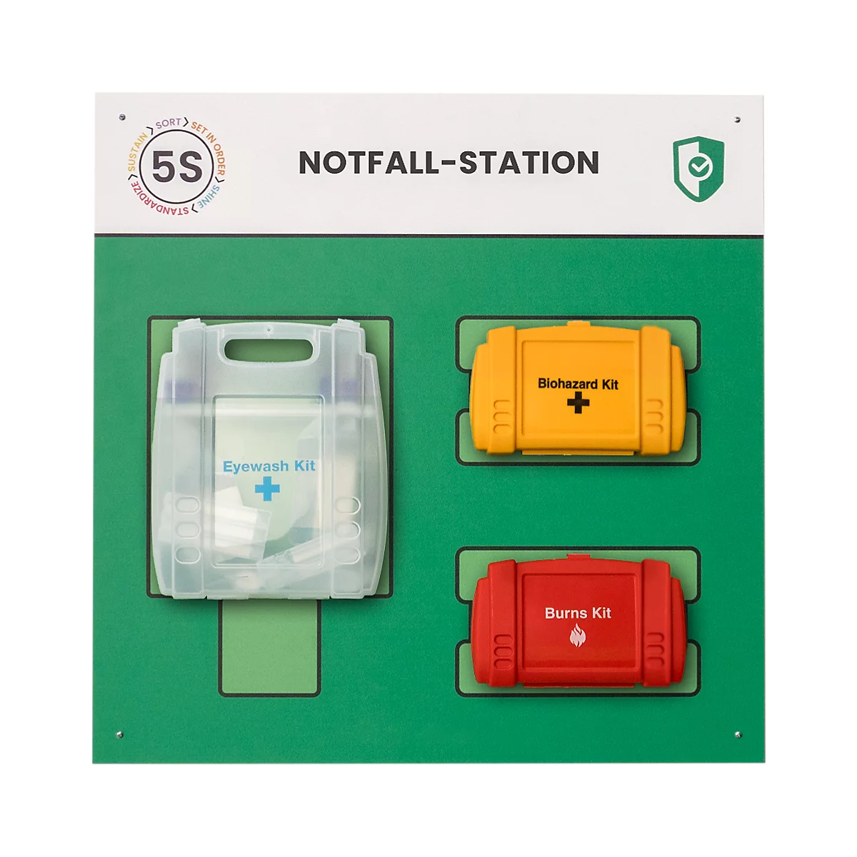Notfallstation mit Augen-, Biohazard- und Verbrennungs-Kit.