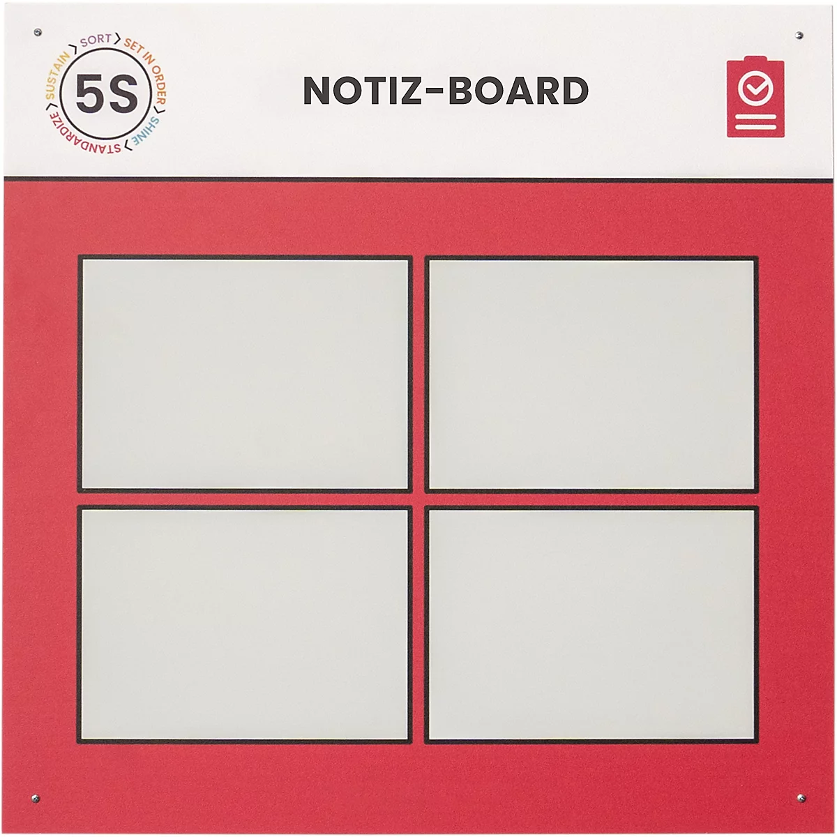 Rote Notiztafel mit vier weißen Feldern. Oben steht "NOTIZ-BOARD" und "5S" Symbol.